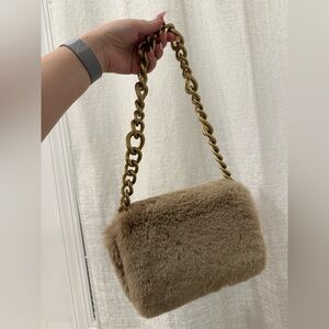 Zara Faux Fur Chain Shoulder Bag in Taupe